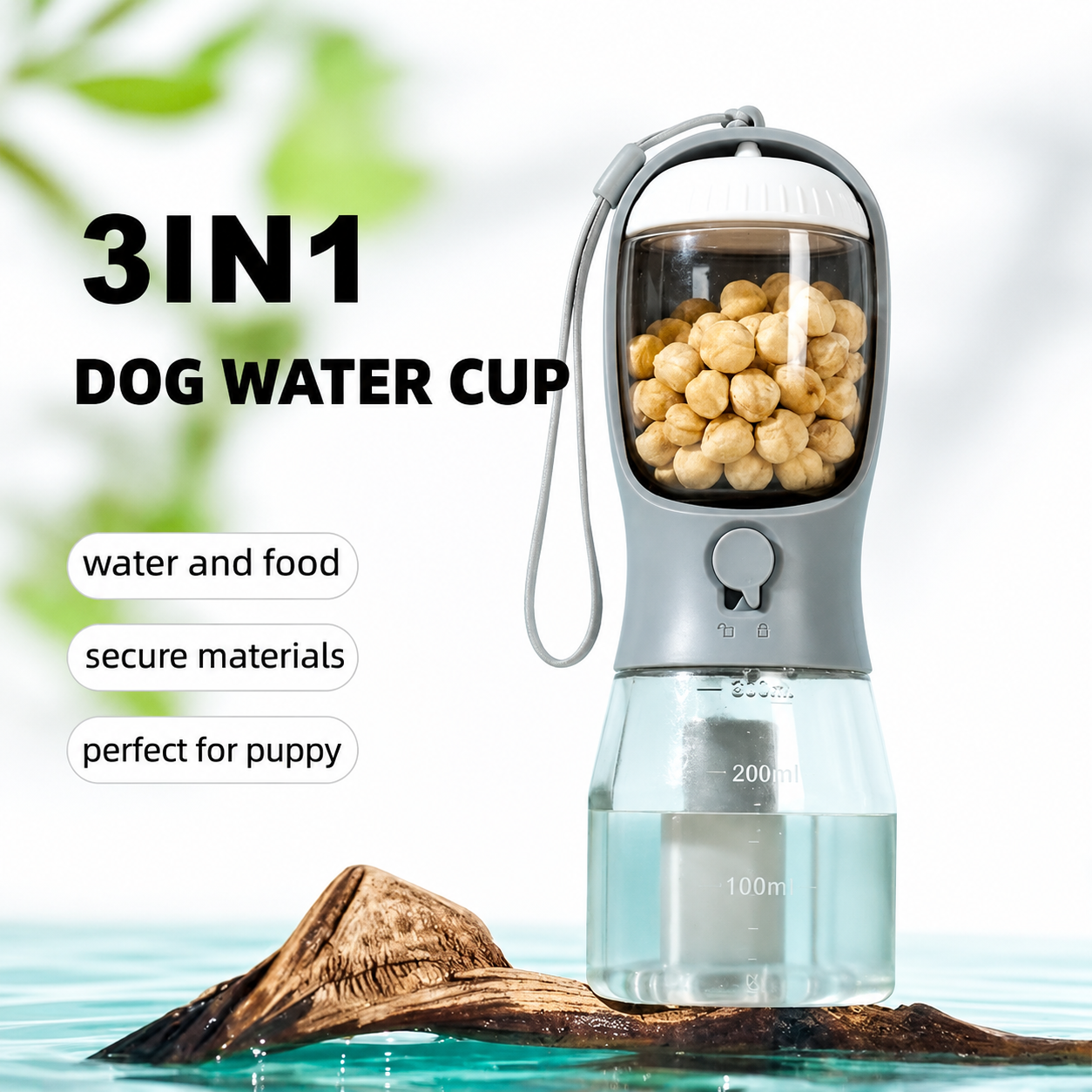 3-in-1 Portable Dog Water Bottle with Food Container & Waste Bag Holder – Leak-Proof Travel Pet Cup